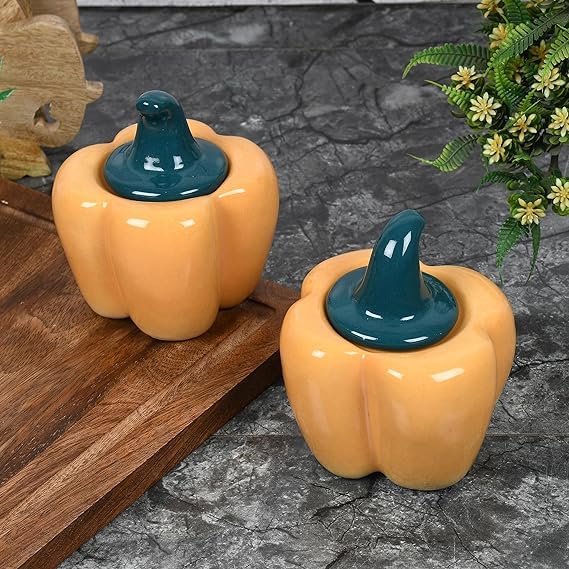 Image of QIMACPLUS Ceramic Capsicum Decorative Pickle Jar | Food Storage Capsicum Jar Multipurpose aachar masala Jar For kitchen and Dining Table Pickle Container 500 ML Orange (1)