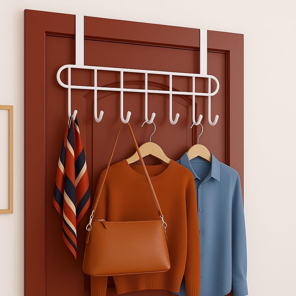 Kundi Multi-Functional Over-The-Door Hook Hanger Rack – Heavy-Duty Steel Wall Hook Organizer with 7 Hooks for Clothes, Towels, Kitchen & Bathroom (White)