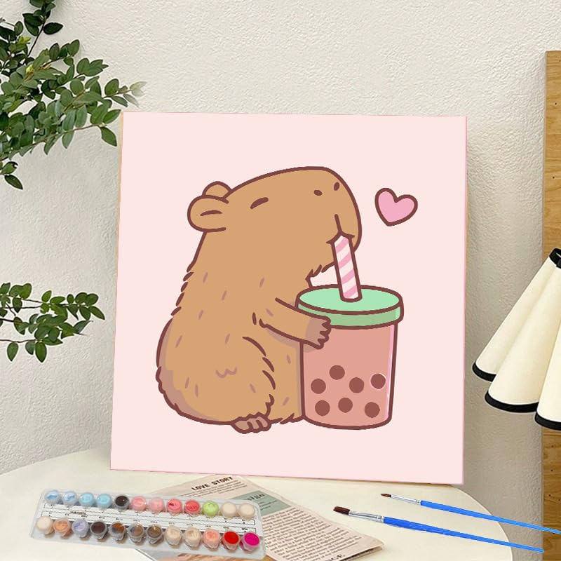YSCOLOR Paint by Numbers Kits Capybara with Bubble Tea DIY Cute Animal Art Adorable Pet Painting for aldult Including Inner Frame 20x20 cm