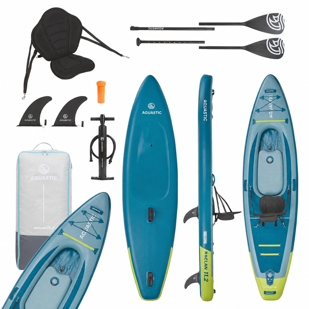 AQUASTIC Raglan 11'2 Kayak SUP ibrida gonfiabile – Tavola SUP con sedile per kayak, pagaia, pompa, 2 pinne e zaino