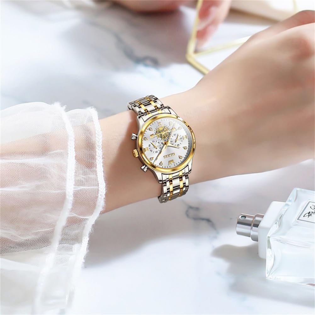 OLEVS Women Watch Multifunctional Two Tone Watch Fashion Business Analog Quartz Ladies Watch Stainless Steel Waterproof Diamond Watch for Women - Image 8