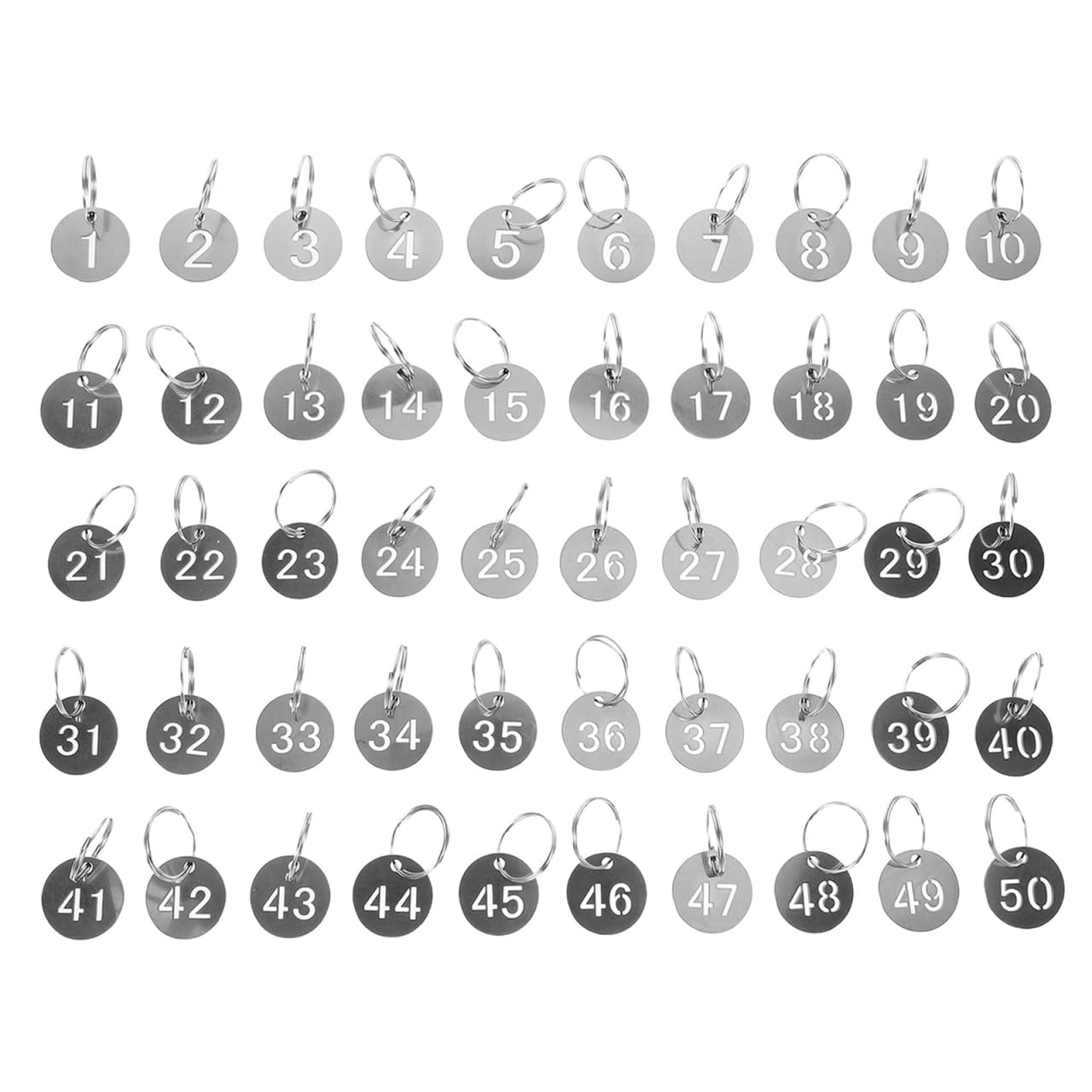 DOITOOL 50pcs Stainless Steel Number Tags 1-50 Hollowed Metal Key Identifiers Split Ring for Key Cabinet Coding and Secure Labeling