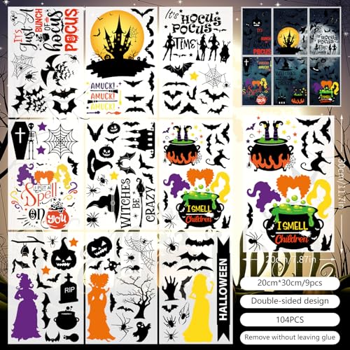 104 Pcs Halloween Window Clings,I Smell Children Hocus Pocus Window clings,Halloween Window Clings for Glass Windows,Double Sided Static Halloween Window Stickers for Window Decals(9 Sheets) - image 4