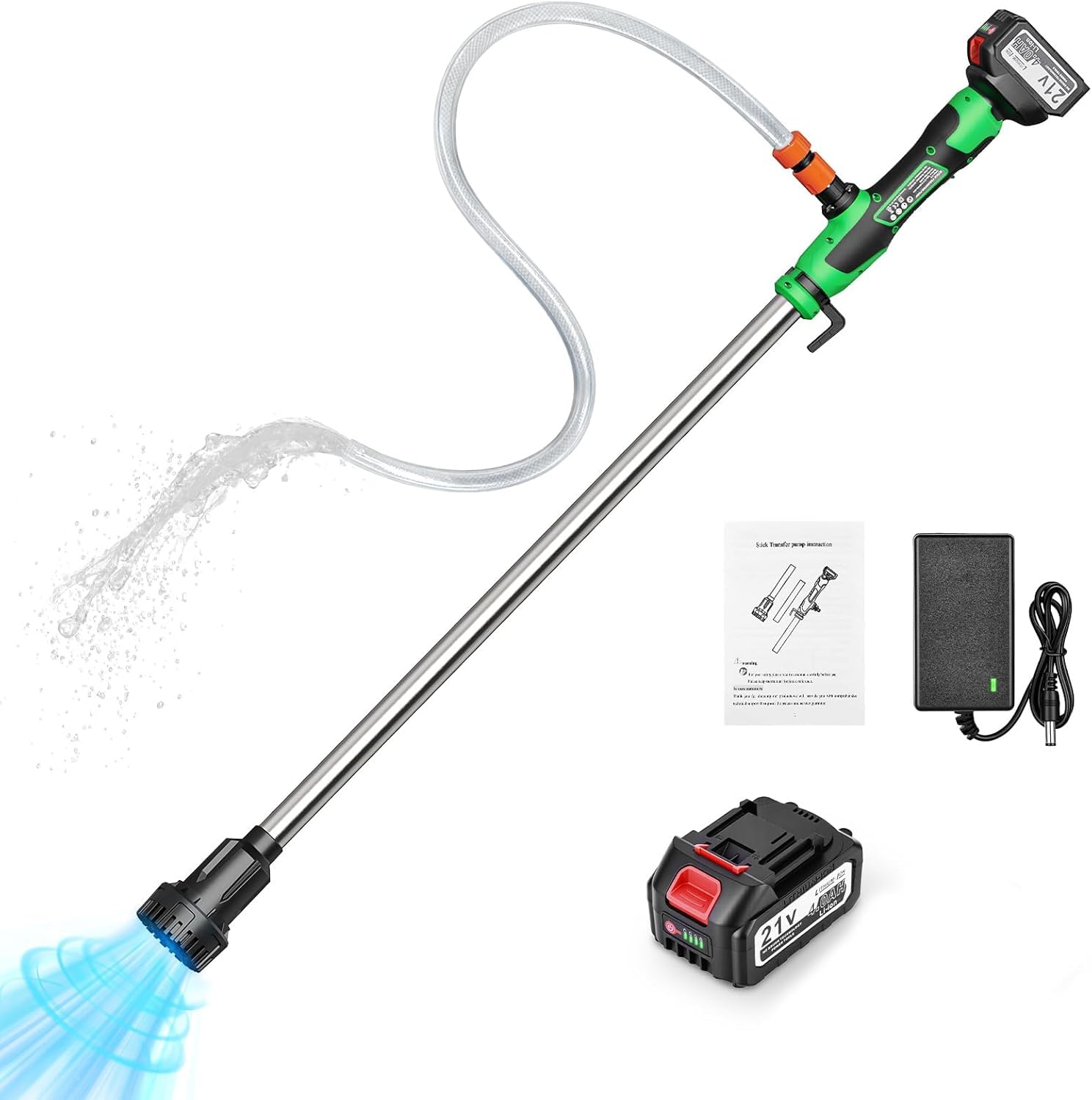 Akku Wasserpumpe, 18V Kabellose Stab-Transferpumpe für Wasser/Diesel, 2725 L/h Transferpumpe mit 4,0 Ah Akku, Stab-Wasserpumpe für Garten, Pool, Keller & Wohnmobil, Einfache Ein-Knopf-Bedienung
