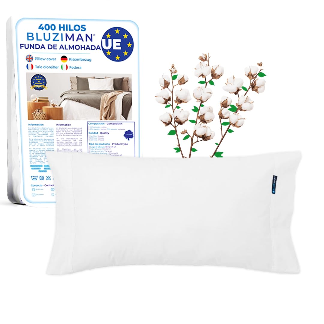 BLUZIMAN Pillow Case 90 Cotton 100%, Luxurious Satin 400 Thread Count Made in Spain, Anti-mite Pillow Protector, Pillow Case Pillowcases (1 Pillowcase 110 x 45 cm for 90 Bed)