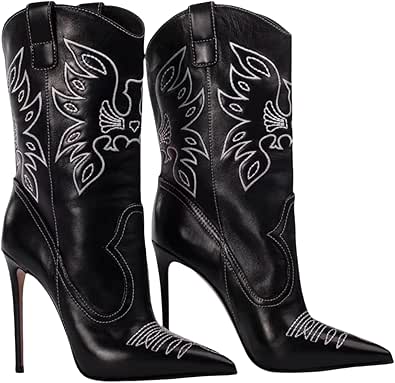 Women's Fashion Stiletto Pointed Toe  Denim Western Boots With Pocket Design