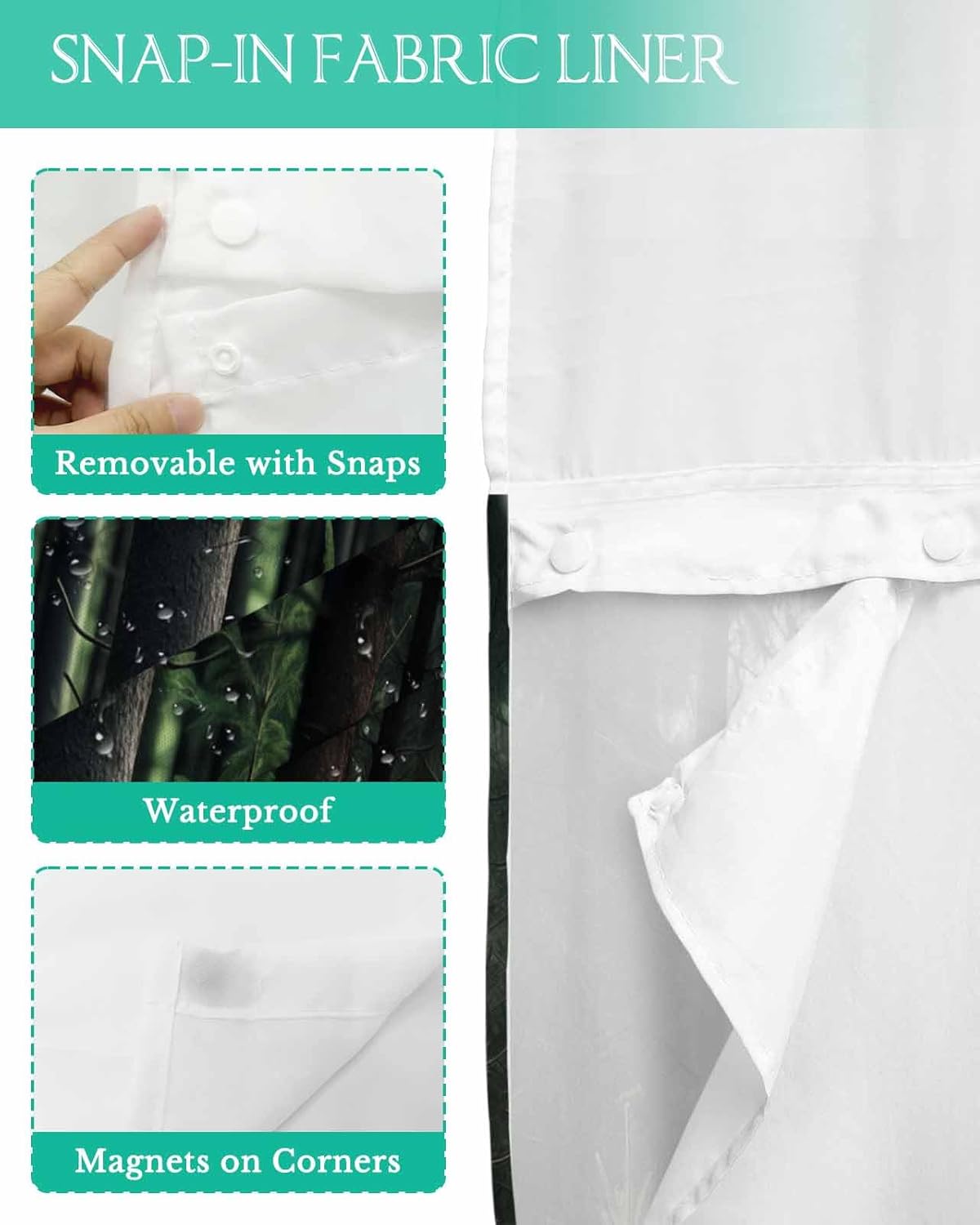 No Hook Shower Curtain and Snap in Liner Set, Green Forest Fabric Bathroom Shower Curtains 60x72 Inch, See Through Mesh Top Window, Mysterious Primitive Forest Pine Tree Hotel Style, Waterproof