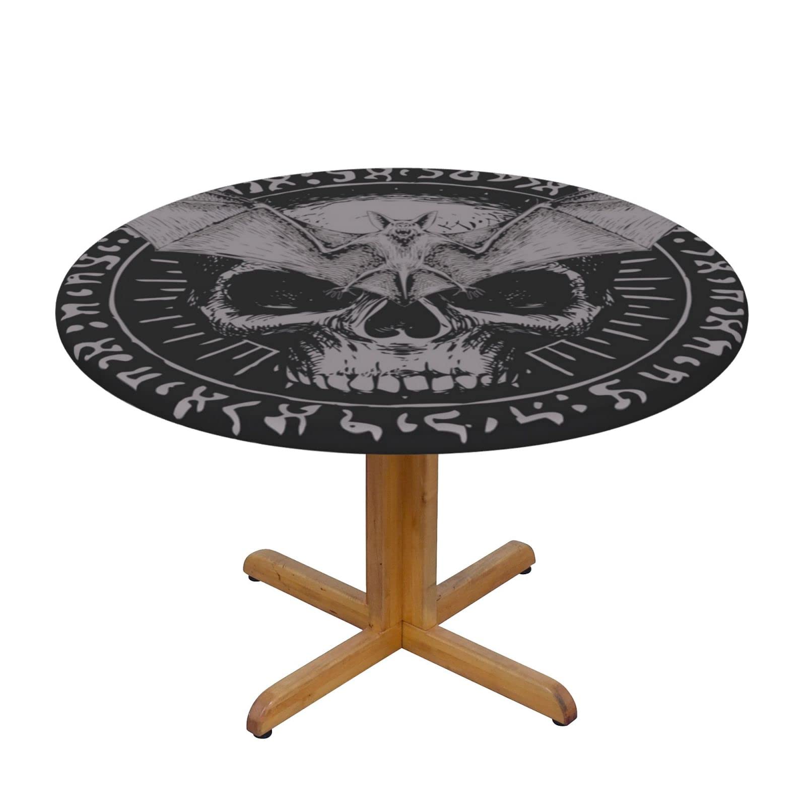 Lsjuee Round Fitted Tablecloth 45-50in Elastic Edged Table Cloth for Kitchen Dining Party Home Decor - Mystical Symbol Skull Bat Black