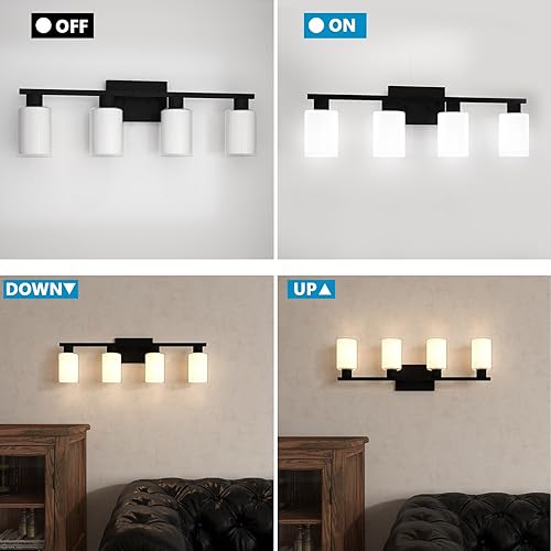 Miniatura 2 de Lámparas de baño sobre espejo, 4 luces de tocador negro mate con cristal blanco y pantalla de vidrio transparente, modernas luces negras para