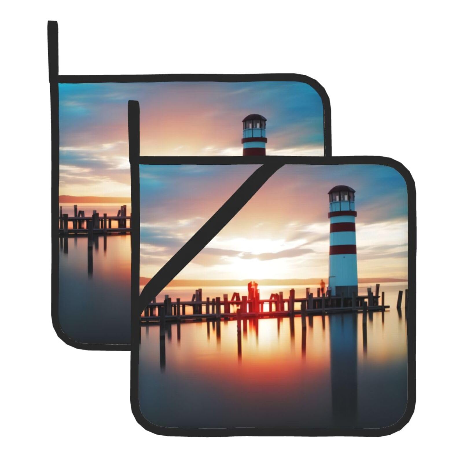 WHJSSF Seaside Lighthouse Prints Square Pot Holders - Heat Resistant Kitchen Trivets 2-Pack - Waterproof Covers for Hot Dishes, Oven & Grill with Hanging Loop
