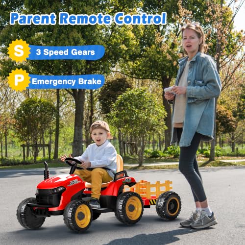 Image of ARBELI 24V Ride On Tractor w /2.4G Remote Control, Tiltable Trailer, Red