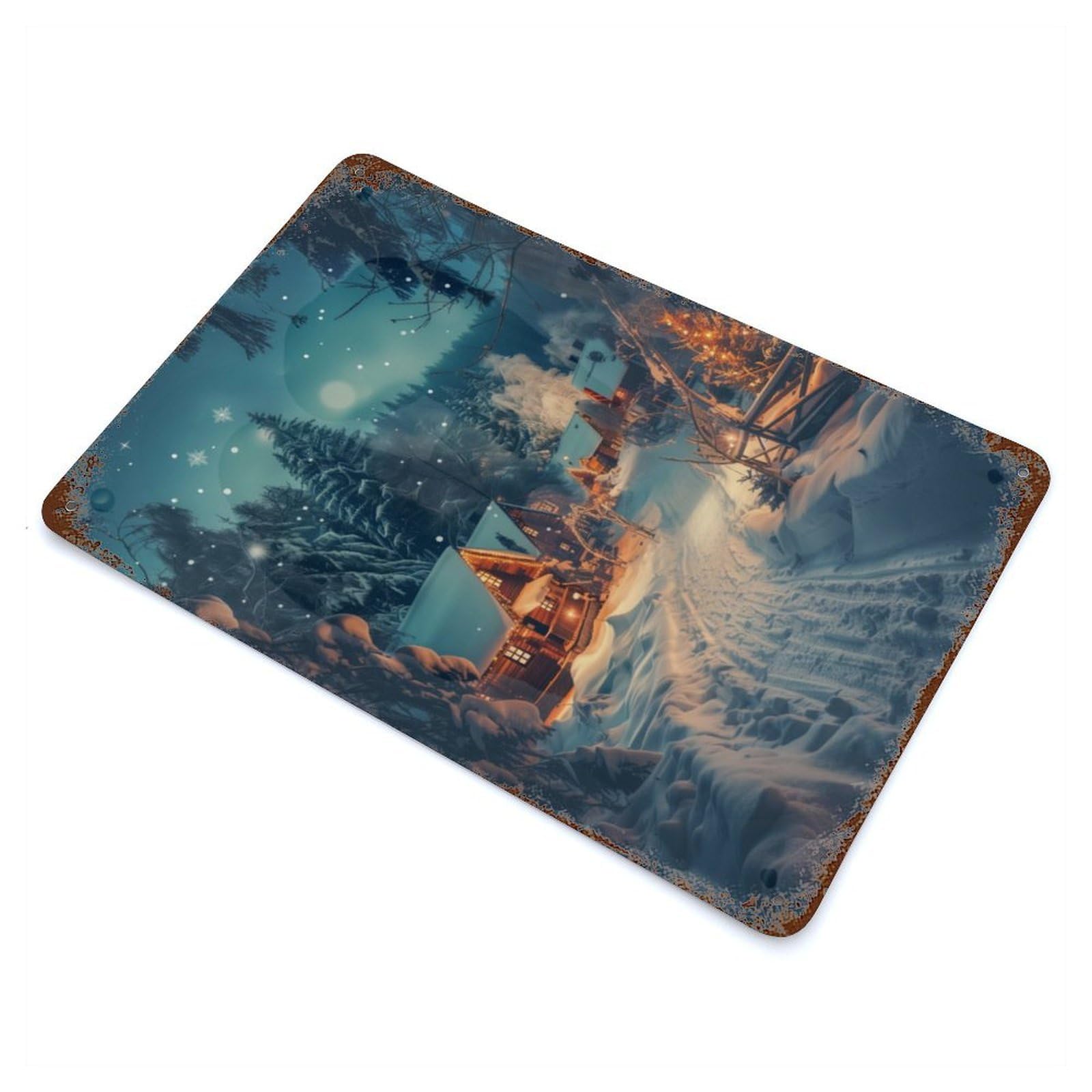 Garage Style Snowy Village Starry Sky Vintage Rust Metal Sign 11.8"x7.9", Rustic Home Decor for Bar And Workshop