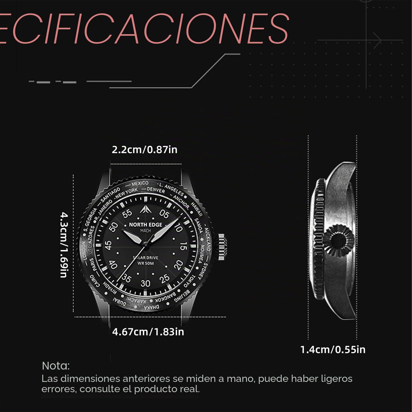 plplaaoo North Edge Mach Pilot Solar Watch para Hombres Visión Nocturna de cronógrafo Impermeable de 50 m Que Dura hasta 180 días Case de Acero Inoxidable de Acero Inoxidable TPR TPR TPR