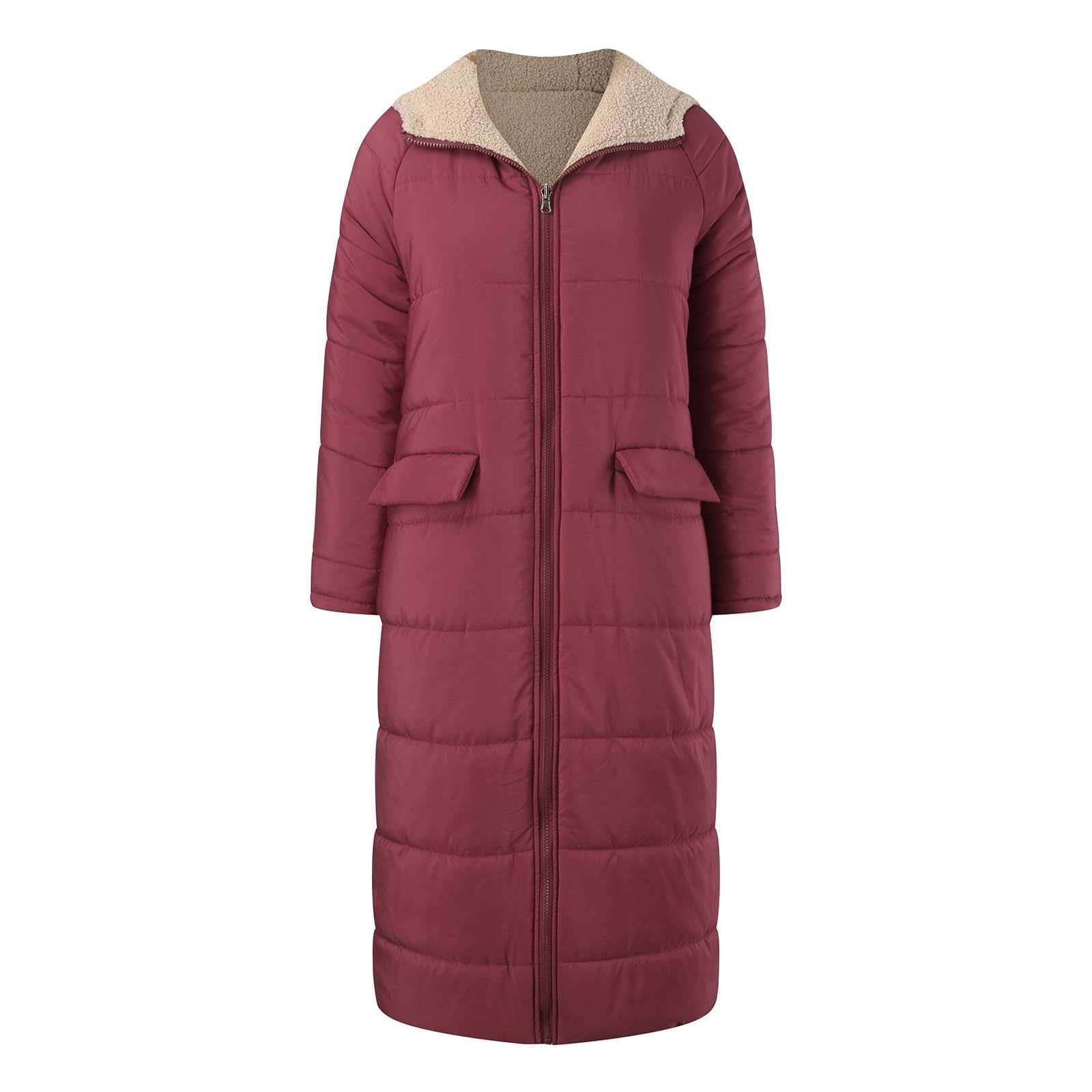 Generisch Cappotto invernale da donna, lungo, invernale, elegante, con imbottitura calda, con tasche, alla moda, con cerniera, piumino con cappuccio
