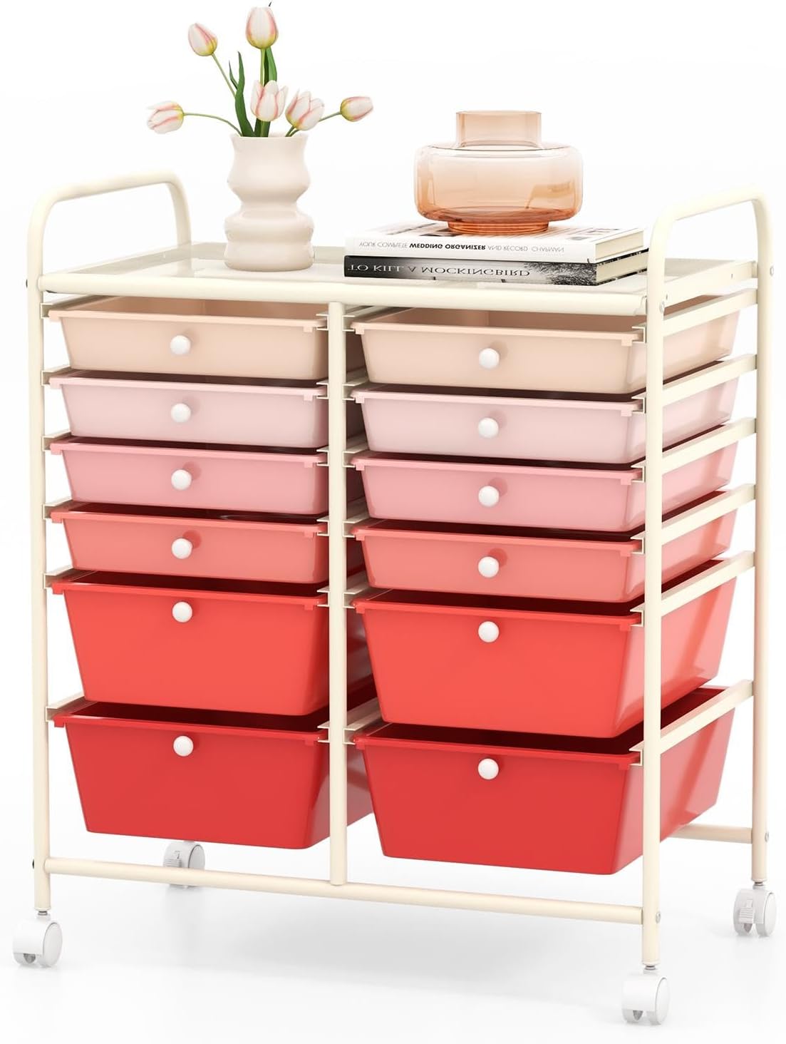 12 Drawer Rolling Storage Cart, Multipurpose Storage Organizer Cart with Lockable Casters, Mobile Utility Cart for Garage Office Home Kitchen (Gradient Pink), HW56500