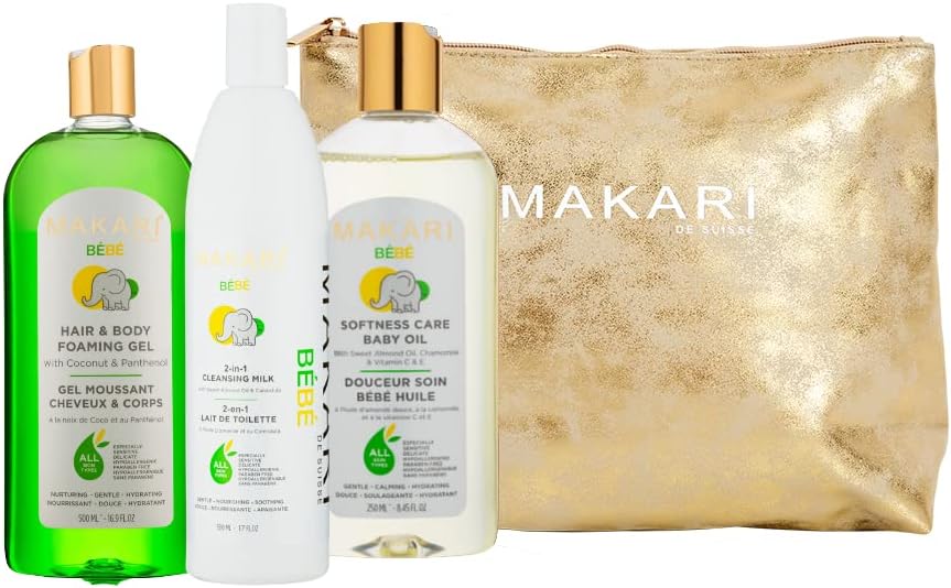 MAKARI Bebe 3 Piece Shower Gift Set - Foaming Gel, Cleansing Milk & Oil, Gentle, Nourishing & Calming Bath Routine for Newborn and Up, Hypoallergenic & Paraben-Free Baby Care Products