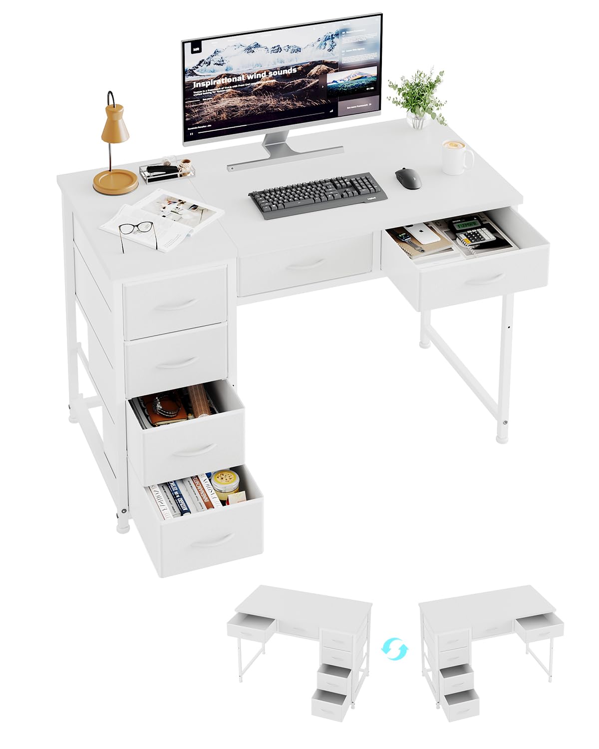 MUTUN 100x48 cm Desk, Small Computer Desk with 6 Fabric Drawers, Reversible Home Office Desk with Adjustable Feet, Work Desks for Office, Study, Vanity Table for Bedroom, White