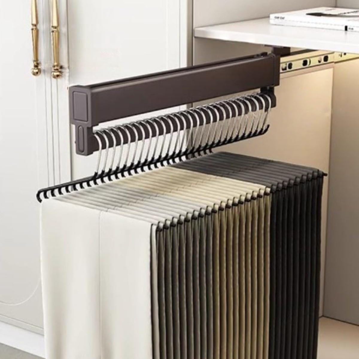 Space-Saving Steel Pull-Out Pants Rack, Anti-Slip Hanger for Closet Organization, Easy Installation for Small Spaces & Laundry Rooms, Durable Clothes Storage Solution