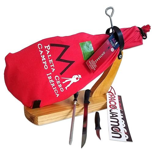 Paleta Ibérica de Cebo Montaraz Edición Limitada, 100% Raza Ibérica, 9-10 libras + Jamonero Modelo Góndola + Cuchillo Jamonero Flexible + Silla +