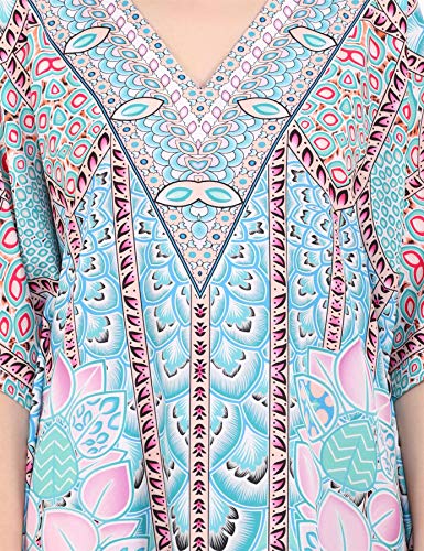 Image of Miss Lavish London Teal Ethnic Print Kaftan Dresses for Women V Neck Batwing Sleeve Beach Vacation Bikini Swimsuit Cover Ups, Plus Size African&Dubai Caftan Maxi Beach Dress with Side Slits-Teal-XL