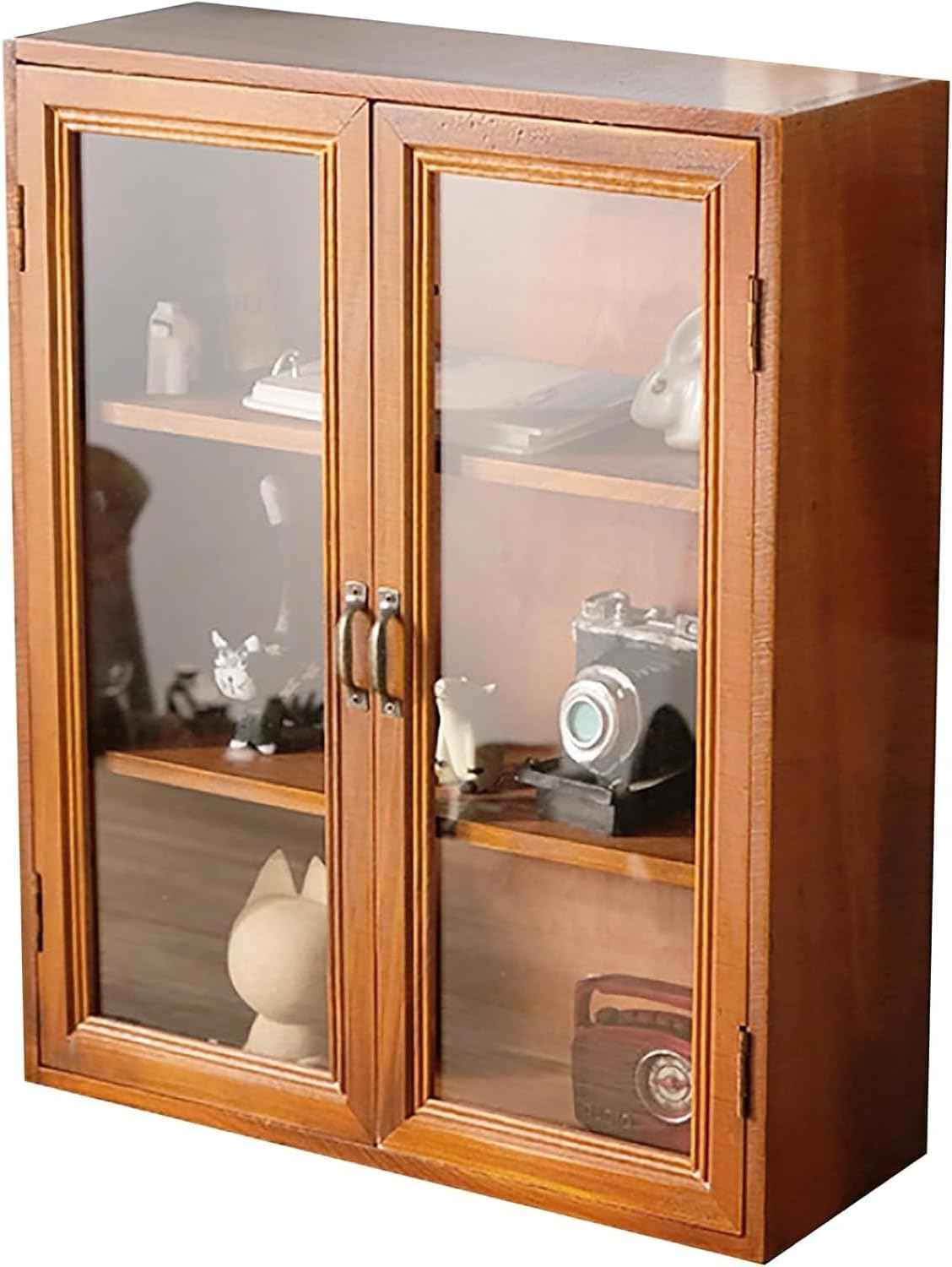 Storage Display Cabinet with Clear Display Doors - Pantry Storage Cupboard - 3-Level Cover with 2 Metal Handles - Rustic Mini Kitchen Cupboard, Mahogany Wood