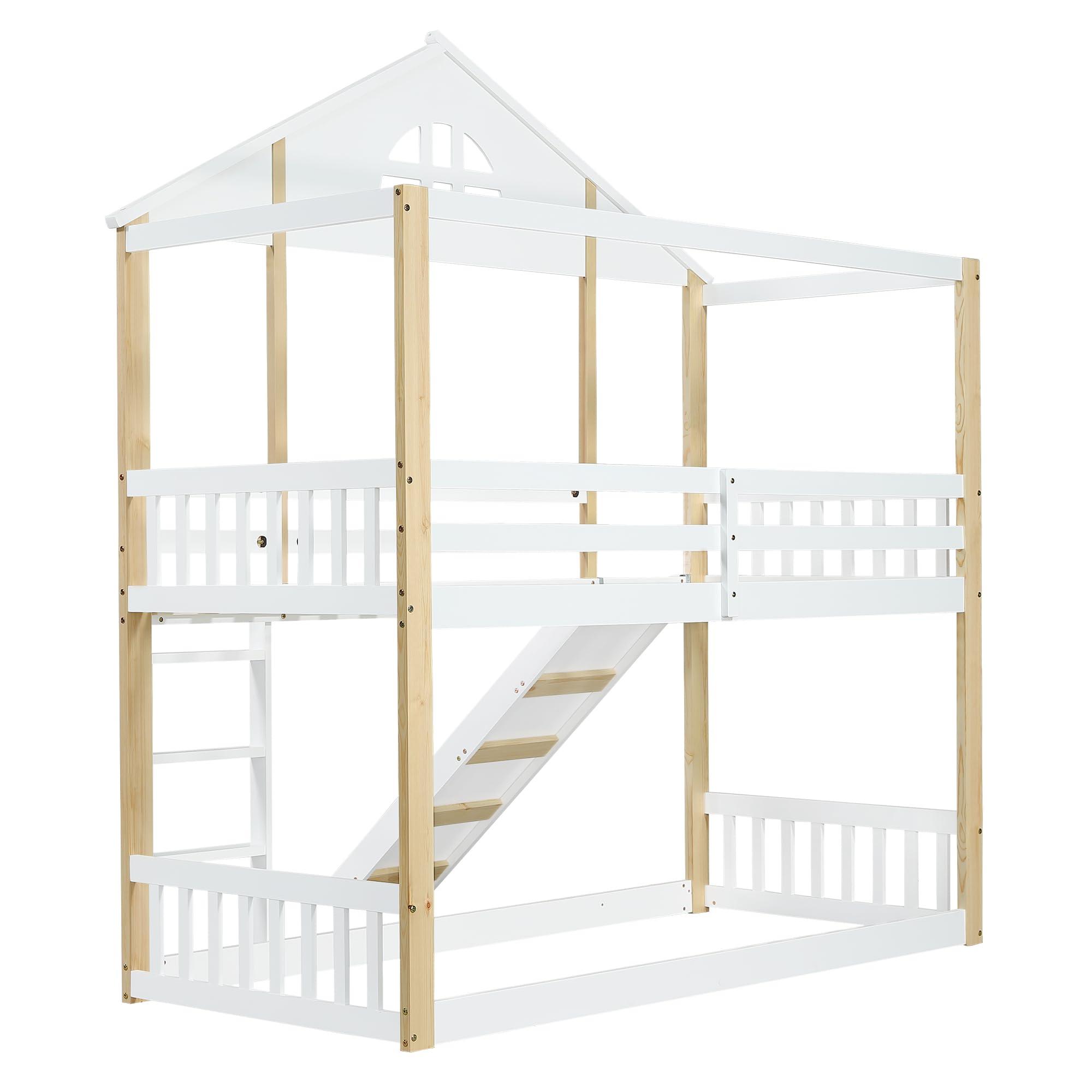 SACOOL Letto a castello 90 x 200 cm con finestre e scala angolare a tre livelli, culla con scivolo, letto con recinzioni e protezione anticaduta, telaio in legno massello, bianco e naturale