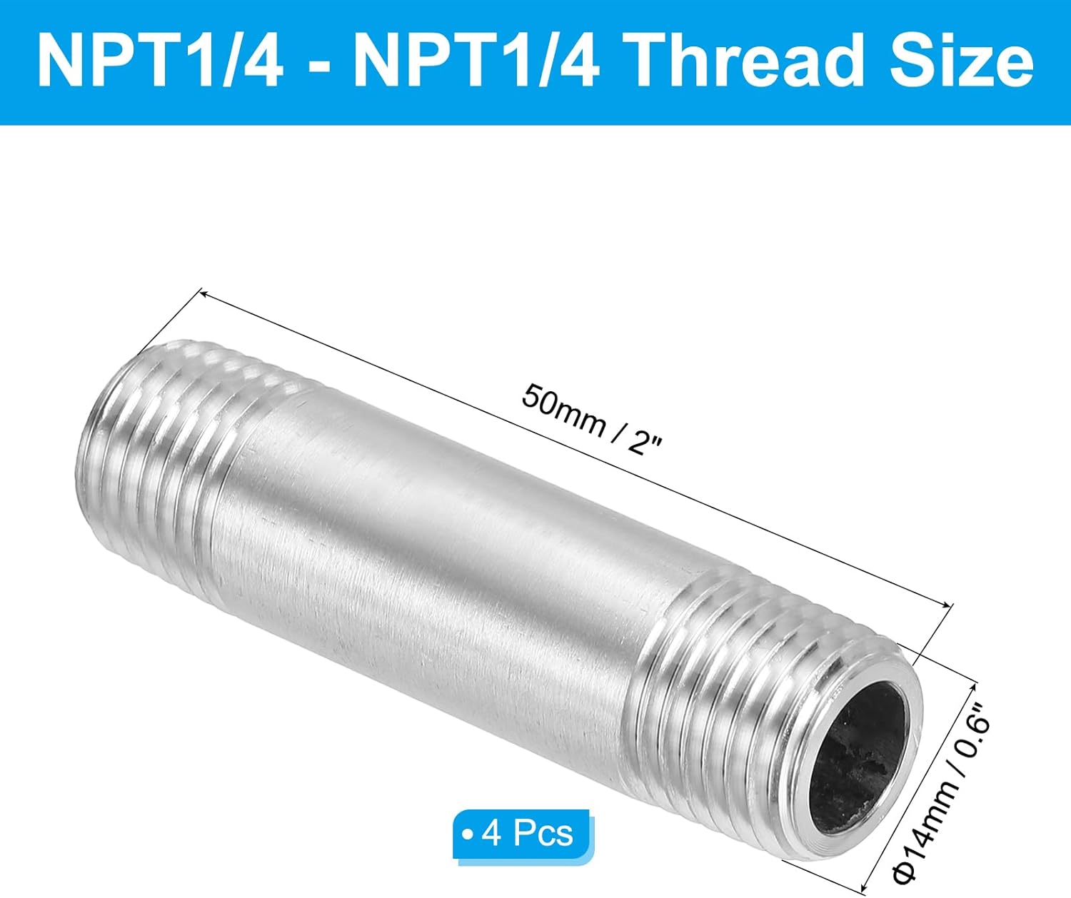 PATIKIL 304 Stainless Steel Pipe Fitting 1/4" NPT x 1/4" NPT Male Thread, 4 Pcs 2inch/50mm Length Nipple Cast Pipe Coupling Fitting Connector