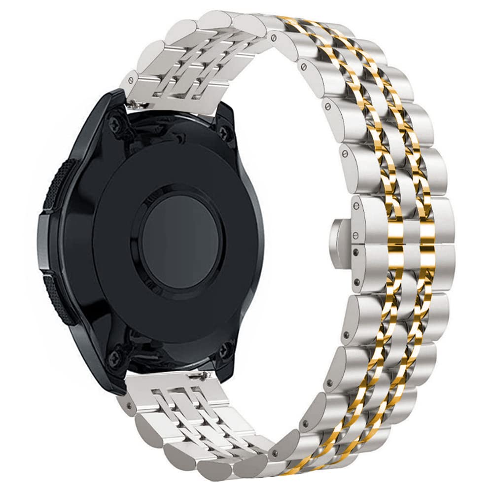 DEALELE Bands Compatible with Galaxy Watch 6/6 Classic / 5/5 Pro/Galaxy Watch 4/4 Classic/Galaxy 3 41mm, 20mm Solid Stainless Steel Metal Replacement Strap for Women Men (Silver-gold)