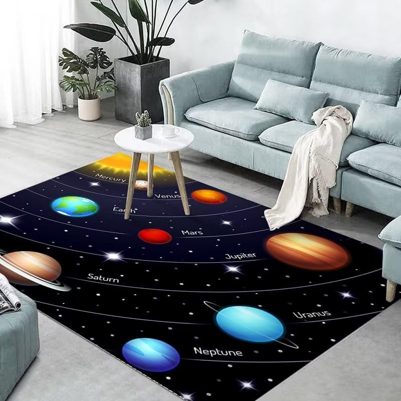 Tapis de chambre bleu 120x180cm motif planète cartoon lavable en machine pour bureau