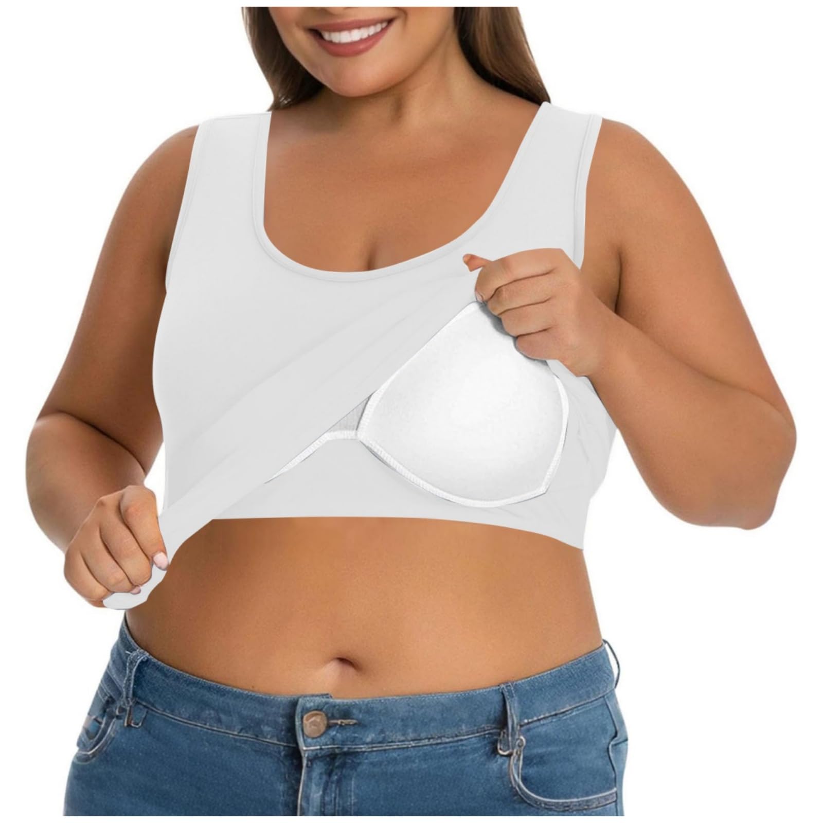 Tank Top Damen BH Hemdchen Ohne Bügel,U Ausschnitt Ärmelloses Shirt Einfarbig Yoga Trägertop,Sommer Oberteil Große Größen Unterhemd mit BH Integriert,Lässige Sporttop Basic Achselshirt für Frauen