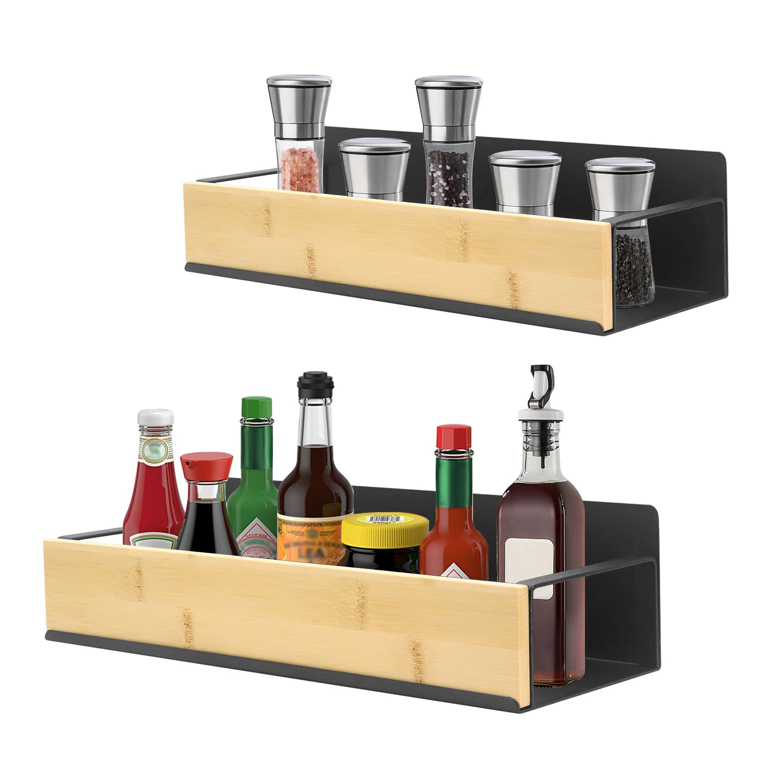 Beowanzk 2 Pack Magnetic Spice Rack for Fridge, Magnetic Spice Rack, Magnetic Shelf for Kitchen Storage and Organisation (Black)