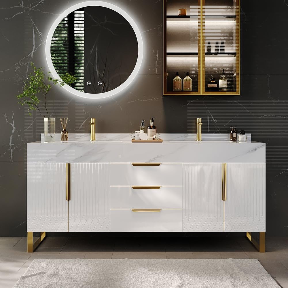KunMai 59" White Freestanding Bathroom Vanity with Faux Marble Top, Double Ceramic Vessel Sinks, Floor-Standing Design, 3 Drawers for Storage, Modern Bathroom Cabinet with Gold Hardware Finish