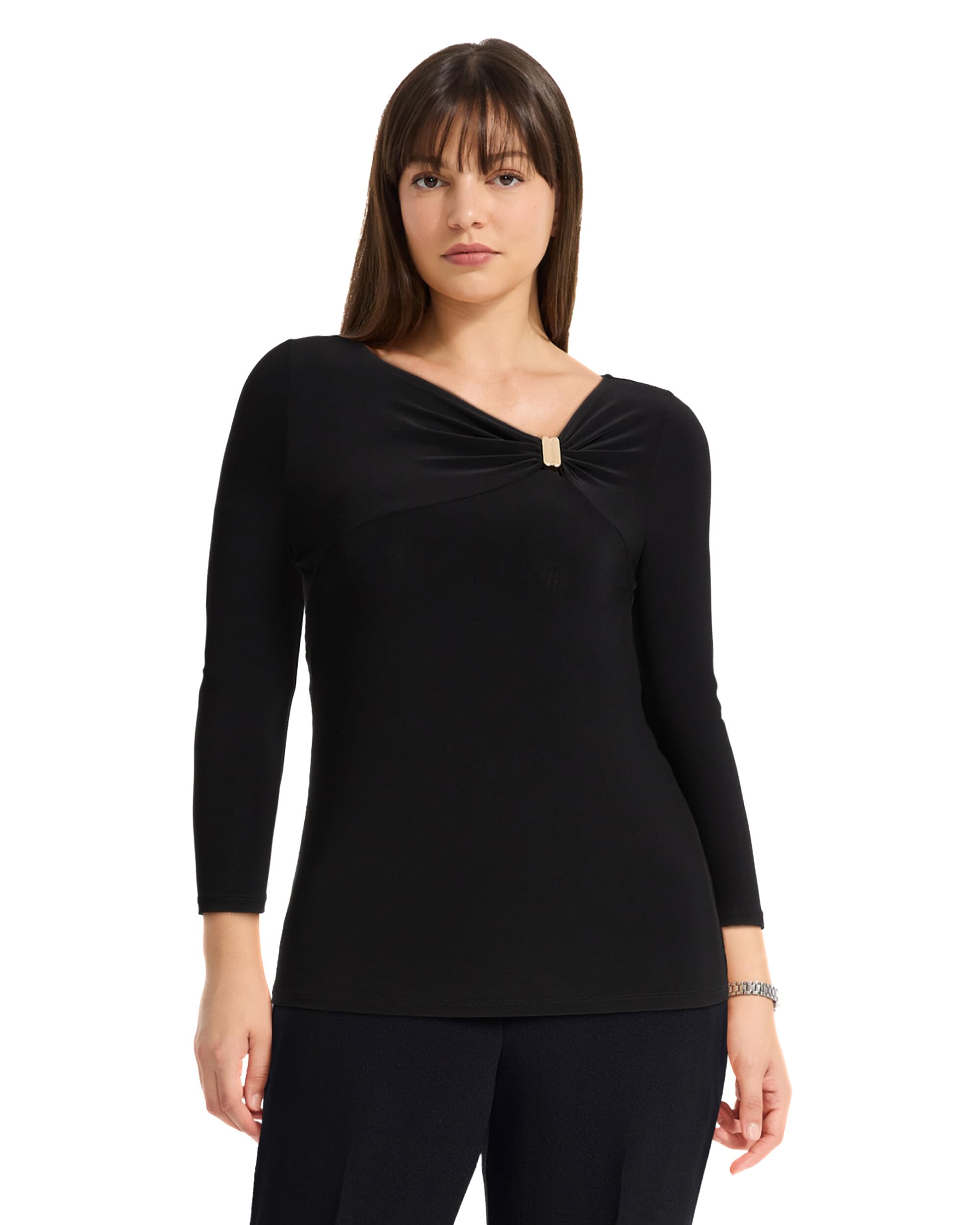 Anne Klein Women's 3/4 Sleeve Asymmetrical Knot with Hardware Top, Anne Black, XL
