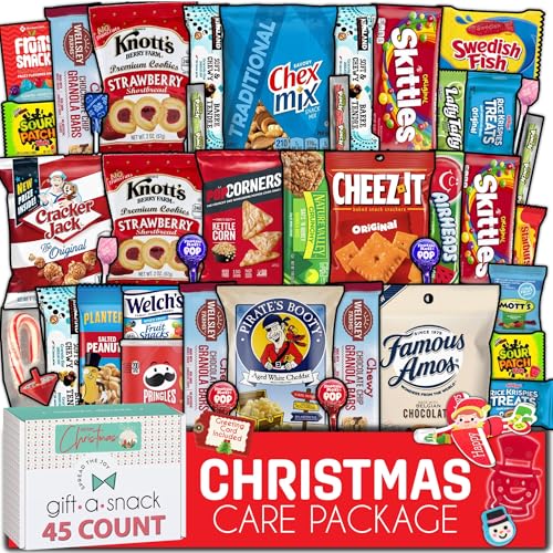 Image of Gift A Snack - Christmas Candy Stocking Stuffers, Pre-filled Holiday Snack Box Care Package + Greeting Card (45 Count) Sweet Treats Gift Basket, Candies Chips Office Food Assortments