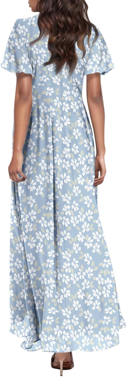 Beach Dresses For Women,2025 Spring Summer Elegant Trendy Floral Print Boho Dress,Casual Loose V Neck Short Sleeve Chiffon Maxi Dress,Flowy Ruched Vacation Dress Cruise Outfits(C-Light Blue,L)