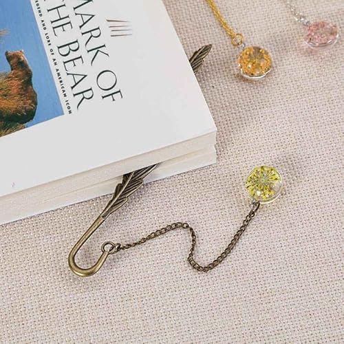 6 Pack Metal Feather Bookmark Charming Beaded Pendant With Dried Flower Specimens Inside Book Marker For Women #TOP2