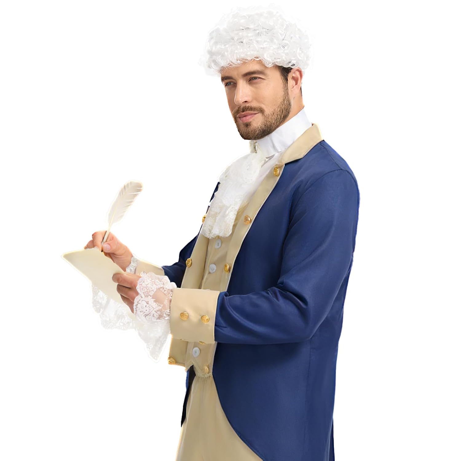 Founding Fathers Costume Colonial Style Judge Wig Lace Jabot and Cuffs Set, Perfect for Halloween, Cosplay, Party (White)