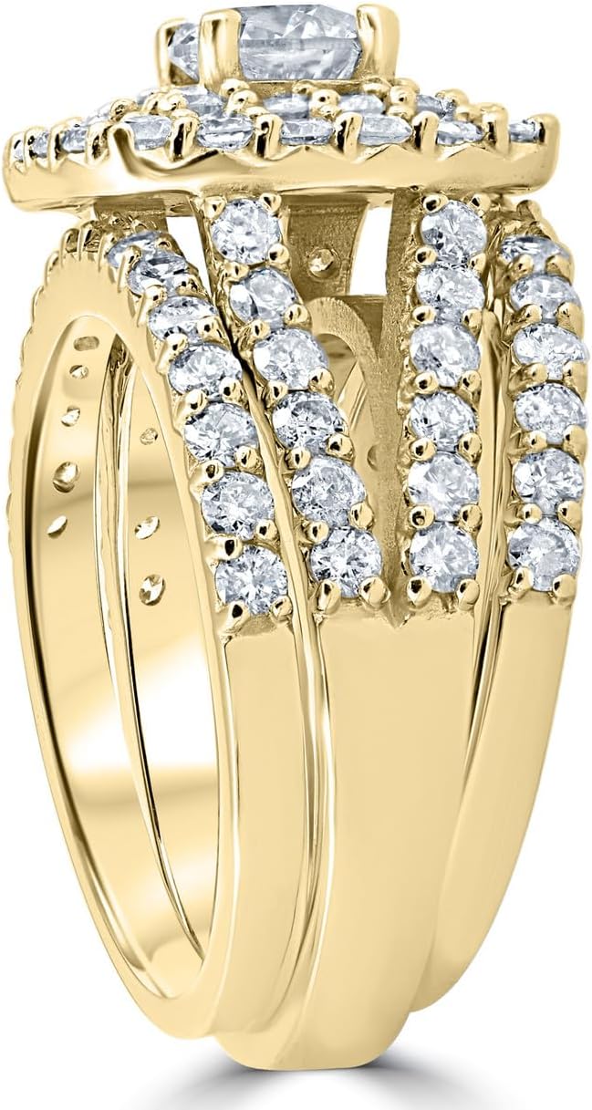 Pompeii 3ct Diamond Engagement Wedding Double Cushion Halo Trio Ring Set 10k Yellow Gold