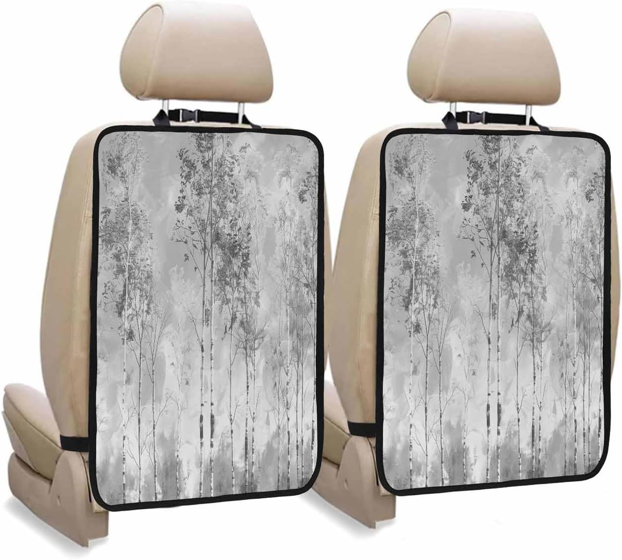 Car Seat Protector, 2 Pack Kick Mats with Organizer - 3 Pocket Storage, Grey Trees Forest Impressionist Oil Painting Art Back Seat Cover for Kids Universal Fit Automotive Interior Protectors