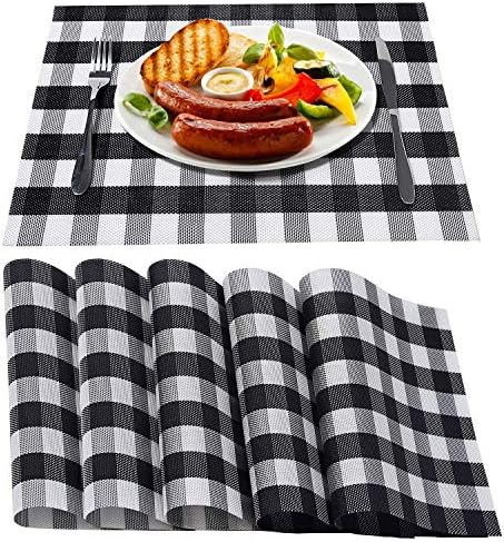 Black Placemats ,Non-Slip ChristmasTable Mats Set of 6 Wipeable Crossweave Woven Vinyl Dining Place Mats for Kitchen Patio Table(18 x 12 Inch)