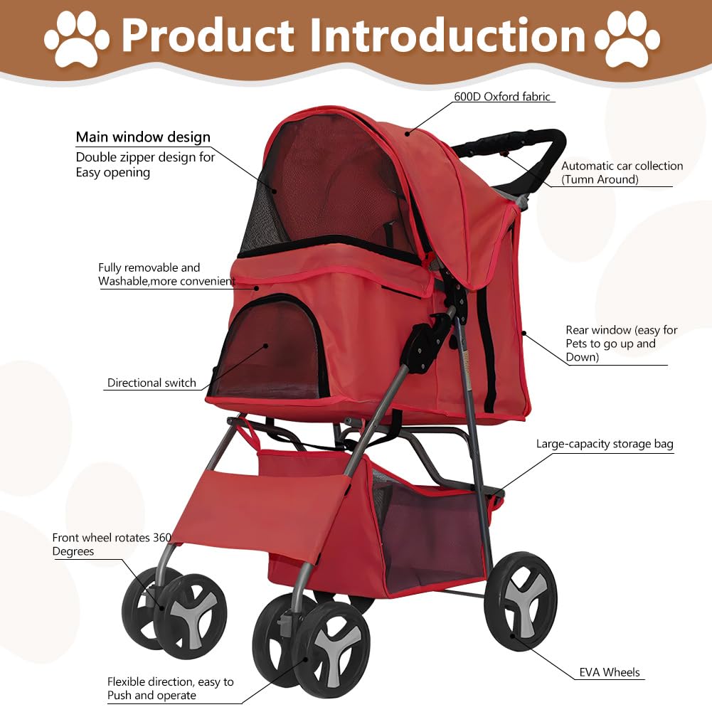 4-Wheel Foldable Pet Stroller for Dogs & Cats - Lightweight Travel Carrier with Cup Holder, Storage Basket & Smooth Ride - Perfect for Walks, Vet Visits (Red, 4 Wheels)
