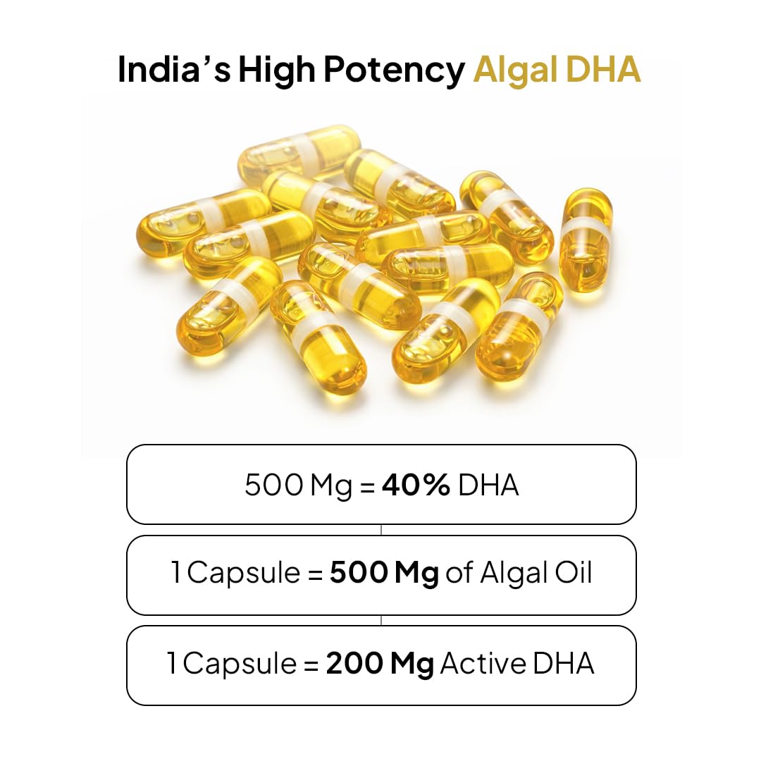 Miduty Veg Omega-3 500mg | 40% Algal DHA + EPA | High-Potency Plant-Based Omega-3 | No Fish Oil, No Fishy Burps | Veg Capsules for Men & Women - 30 Capsules