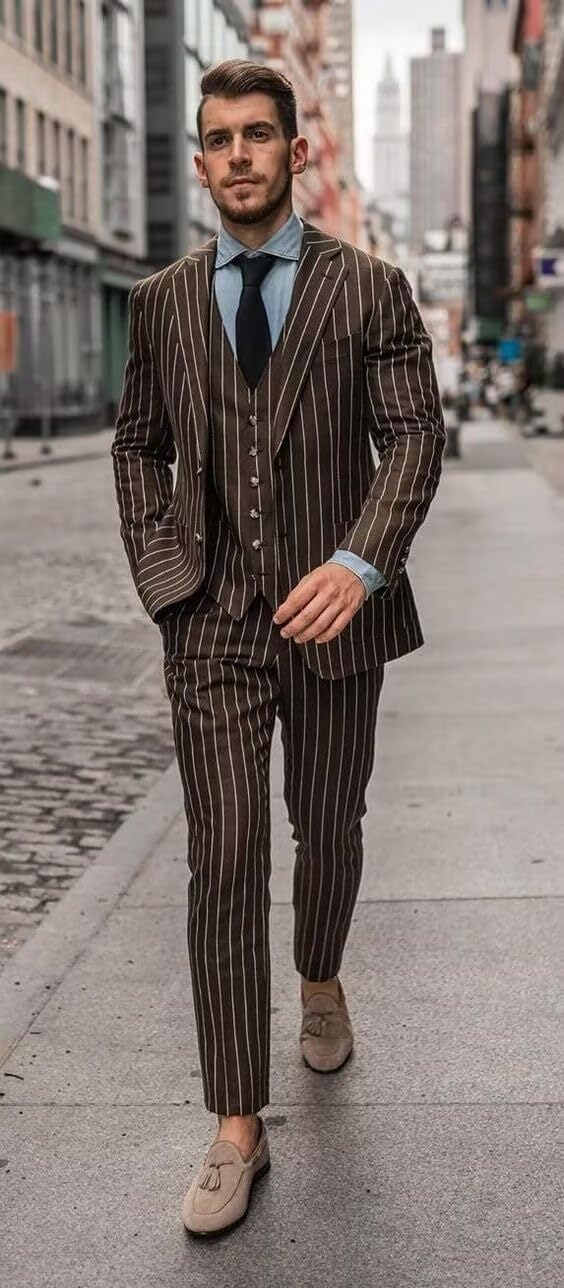3 Piece Mens Pinstripe Suit Slim Fit Business Formal Suits Groom Wedding Suit Prom Party Tuxedo for Men