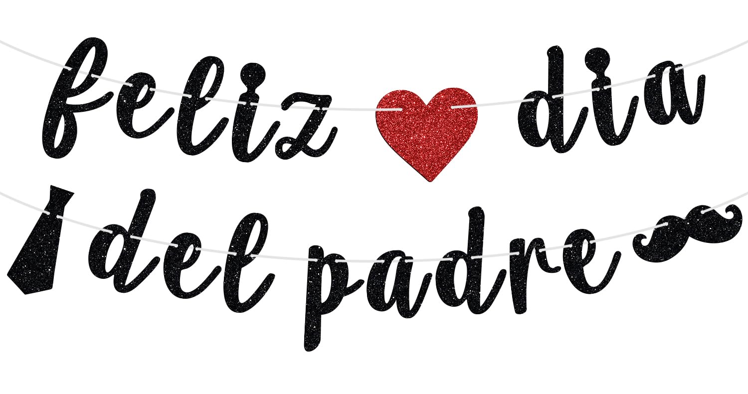 Feliz dia del Padre Banner, World Best Dad/Super Dad/Love You Papa, Happy Father's Day Celebration Party Decorations Supplies, Black Glitter