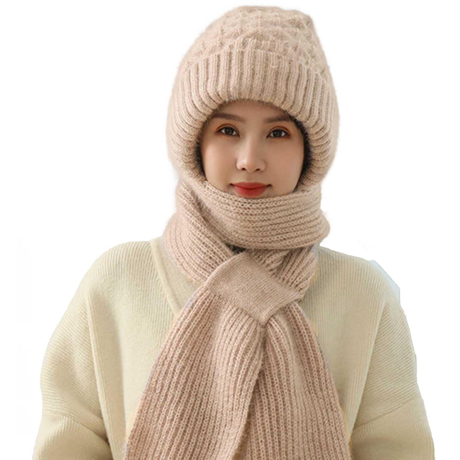 Integrated Ear Protection Windproof Cap Scarf Set - Winter Warm Knitted Hat With Thickening Beanie