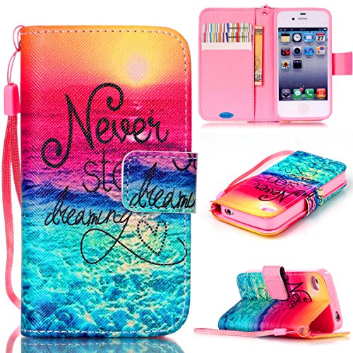 JanCalm iPhone 4S Case,iPhone 4 Case, [Wrist Strap Design][Kickstand] Pattern Premium PU Leather Wallet [Card/Cash Slots] Flip Cover for iPhone 4/4S (3.5 Inch) Including-ONE Crystal Pen (Never Stop)