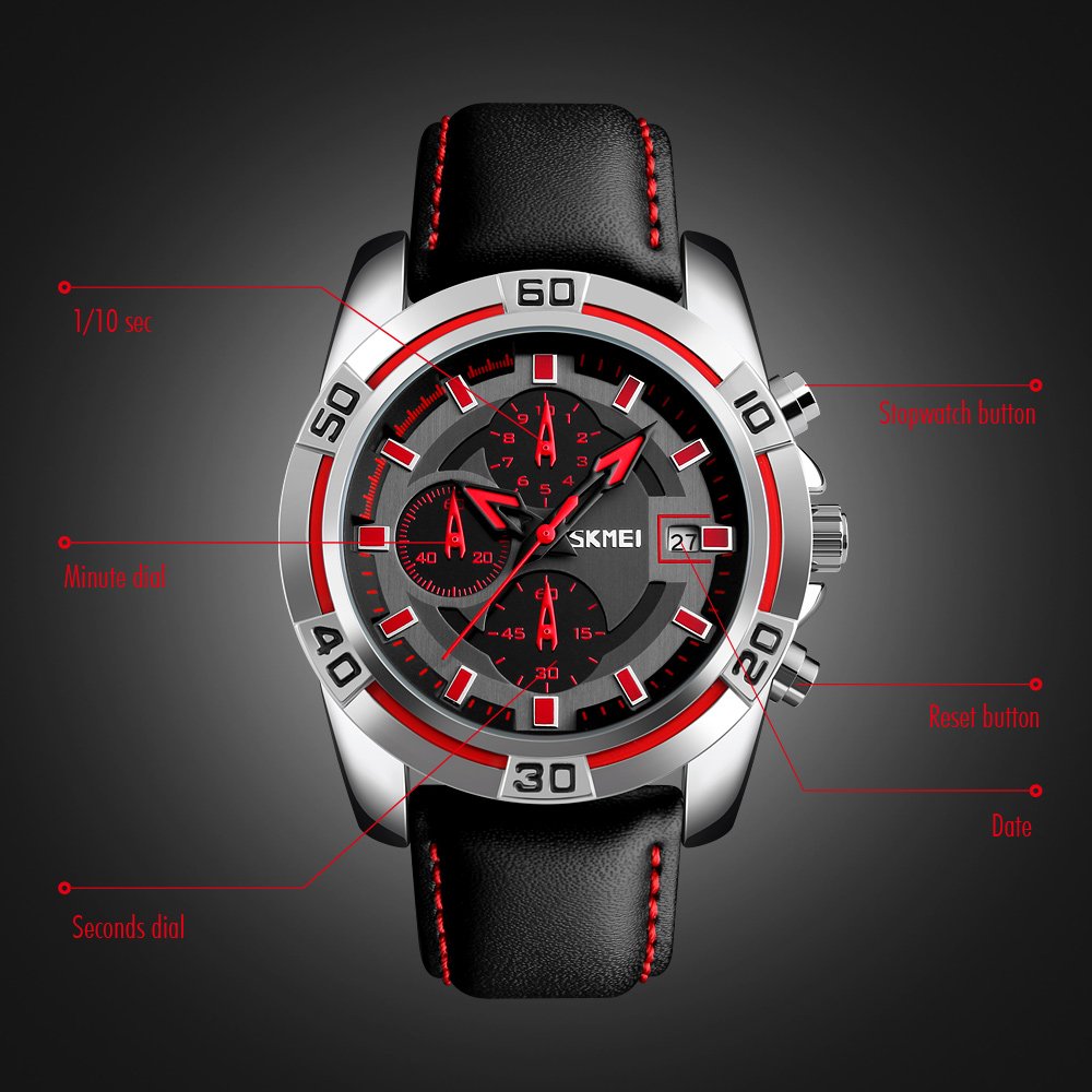 Orologi sportivi da uomo,Orologio da polso con cronografo da uomo,Orologio militare impermeabile con cinturino in pelle nera morbida