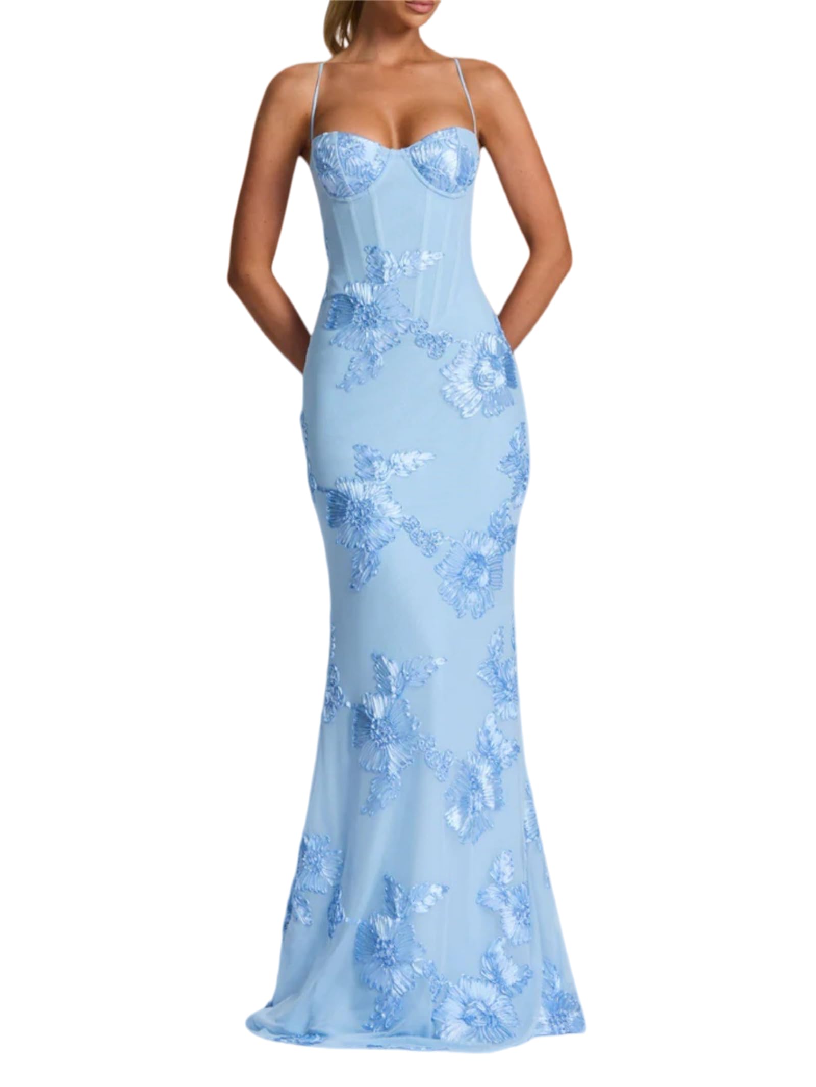 Vestido largo entallado de malla floral para mujer, elegante, largo, con tirantes delgados, halter, con cordones, vestido de noche, cóctel, baile de graduación