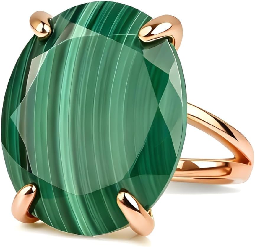 Handcrafted Malachite Jewelry Ring - Unique Gemstone Rings - Fashionable Real Gold Rings - Fine Jewelry for Her - Statement Rings for Casual and Special Occasions - Customizable Size