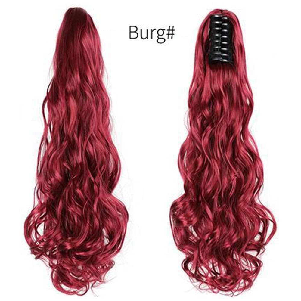 Extensión de cola de caballo, Cola de caballo ondulada grande y esponjosa con clip de garra de tigre de pelo sintético largo y rizado(Burgundy)